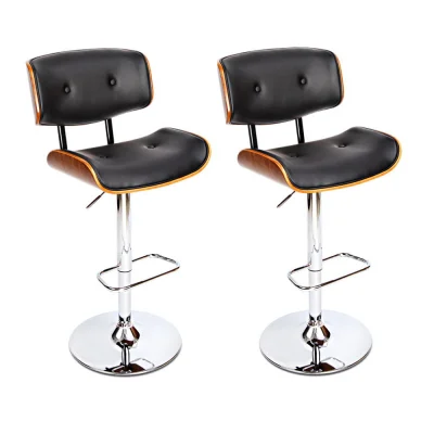 Artiss 2x Bar Stools Black Leather - Wooden Seat, Chrome Base, Adjustable Gas Lift, Swivel, 96-117cm, Modern Design