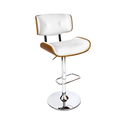 Artiss Bar Stool Gas Lift White Leather, Wooden Seat, Chrome Base, Swivel, Adjustable Height, 51x45x96-117cm