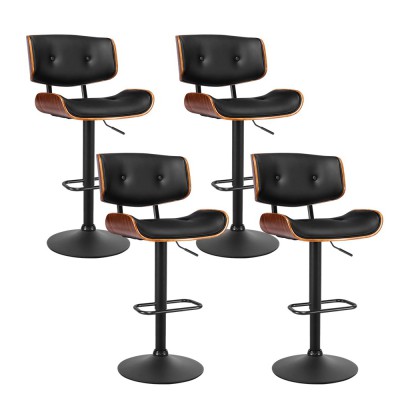 Artiss 4x Black Leather Bar Stools, Gas Lift, Wooden Seat, 360° Rotatable, 64-85cm Adjustable Height, 150kg Capacity