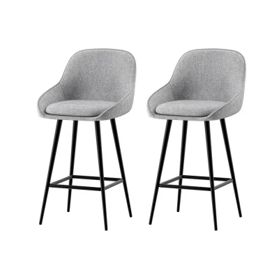 Artiss 2x Bar Stools Linen Upholstered, 60cm Counter Height Chairs with Curved Backrest, Grey & Black, Metal Legs