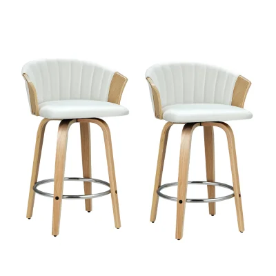 Artiss Ricardo Bar Stools - Bentwood, PU Leather, 360° Swivel, 66cm Seat Height, Set of 2, White, 150kg Capacity
