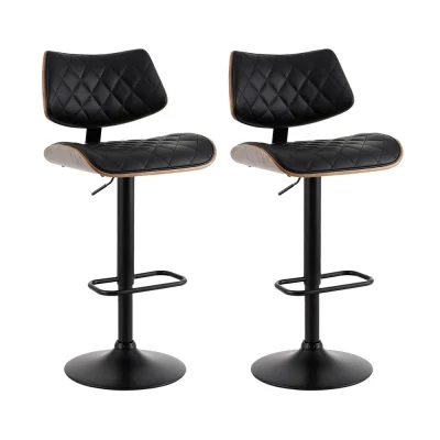 Artiss Quilla 2x Bar Stools Black PU Leather, Bentwood, Gas Lift, Swivel Kitchen Dining Chairs, 56-78cm Adjustable