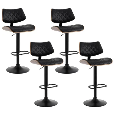 Artiss Quilla 4x Bar Stools Black PU Leather & Bentwood, Adjustable Height, Swivel Kitchen Dining Chairs 93–115cm