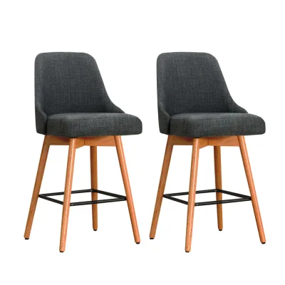 Artiss 2x Bar Stools - Charcoal Swivel Seat, Faux Linen, Plywood Frame, Steel Footrest, 65cm Height, 150kg Capacity