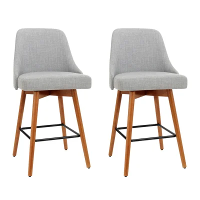 Artiss 2x Swivel Bar Stools - Grey Faux Linen, Wooden Plywood Frame, 65cm Seat Height, Anti-Slip Feet, 150kg Capacity