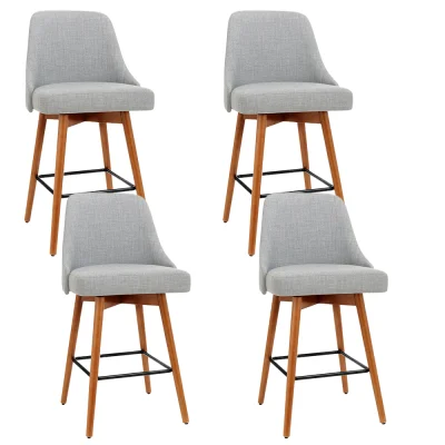 Artiss Set of 4 Swivel Bar Stools Grey Wooden Frame with Faux Linen Seat, Padded Backrest and Metal Footrest