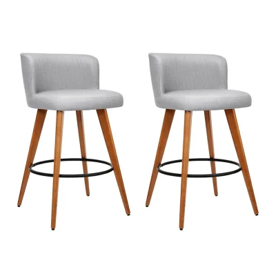 Artiss 2x Bar Stools Grey - Plywood Frame, Faux Linen Seat, Metal Footrest, 66cm Height, Anti-Slip Protectors