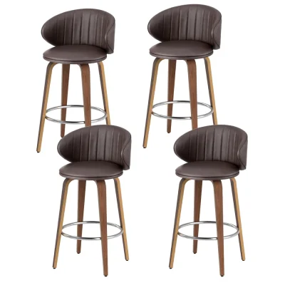 Artiss Set of 4 Bar Stools Dining Chairs, Brown PU Leather, Walnut Wood, 65cm Seat, Ergonomic & Adjustable