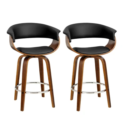 Artiss 2x Swivel Bar Stools - PU Leather Seat, Bentwood Frame, 65cm Height, Anti-Slip, 360° Rotation, Walnut Finish