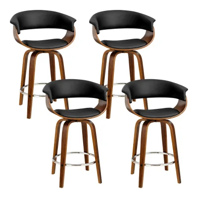 Artiss 4x Bar Stools Swivel PU Leather Seat, Walnut Bentwood Frame, Metal Footrest, 65cm Height, Black/Timber