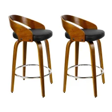 Artiss 2x Swivel Bar Stools with Curving Backrest - Walnut Wood, Black PU Leather Seat, Chrome Footrest, 80cm Height