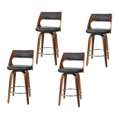 Artiss 4x 65cm Swivel Bar Stools Bentwood Walnut PU Leather Seat with Backrest and Chrome Footrest Black