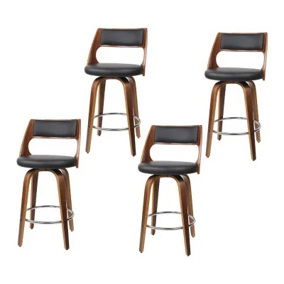 Artiss 4x 65cm Swivel Bar Stools Bentwood Walnut PU Leather Seat with Backrest and Chrome Footrest Black