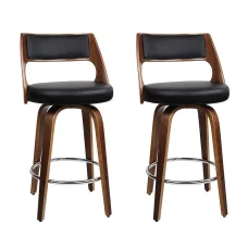 Artiss 2x Swivel Bar Stools - 76cm PU Leather, Solid Wood, Chrome Footrest, Contoured Backrest, Anti-Slip Feet, Black