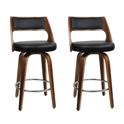 Artiss 2x Swivel Bar Stools - 76cm PU Leather, Solid Wood, Chrome Footrest, Contoured Backrest, Anti-Slip Feet, Black
