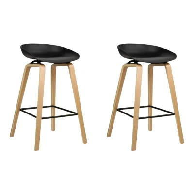 Artiss 2x Bar Stools Black, 67cm Seat, Wooden Legs, PP Plastic Seat, Metal Footrest, Anti-Slip Protectors, Modern Design
