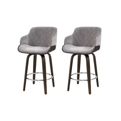 Artiss 2x Bar Stools Swivel Velvet Padded 70cm Bentwood Solid Wood Grey with Chrome Footrest and Contoured Backrest