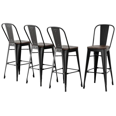 4x Artiss Metal Bar Stools with Wooden Seat, 76cm, Industrial Retro Kitchen Counter Stools, Black and Walnut