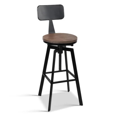 Artiss Vintage Bar Stool - Adjustable Height, 360° Swivel, Elm Wood Seat, Metal Frame, Anti-Slip, 63.5-79.5cm