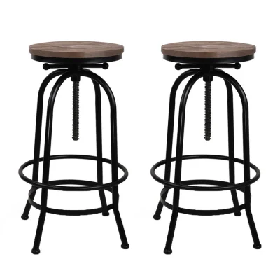 Artiss Set of 2 Adjustable Bar Stools, Elm Wood Seat, Black Steel Frame, 360° Swivel, 70–90cm, Modern Chairs