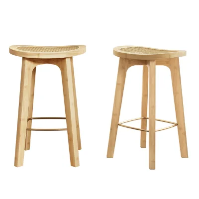 Artiss 2x Bamboo Rattan Bar Stools 67cm Counter Chairs Kitchen Barstools with Footrest, Sturdy & Easy Assembly