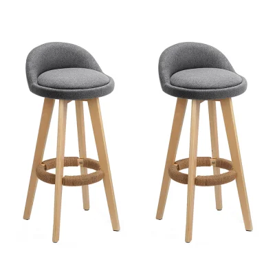 Artiss 2x Bar Stools - Grey Padded Faux-Linen Seat, Wooden Frame, 360° Swivel, 79cm Height, Rubber Floor Protectors
