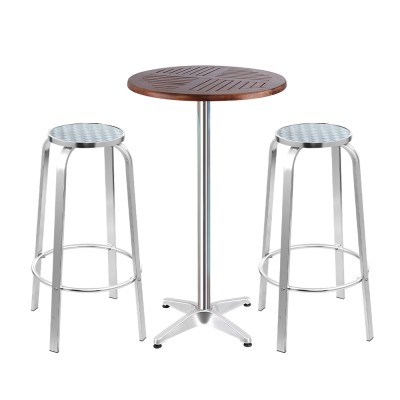 Gardeon 3-Piece Outdoor Bar Set: Adjustable Aluminium Stools & Wooden Bistro Table, Rust & UV Resistant, Easy Assembly