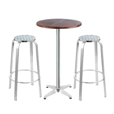 Gardeon 3-Piece Outdoor Bar Set: Adjustable Aluminium Stools & Wooden Bistro Table, Rust & UV Resistant, Easy Assembly