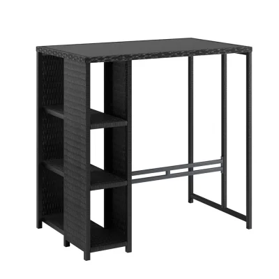 Gardeon Outdoor Wicker Bar Table: Steel Frame, Glass Top, 3 Shelves, Footrest, Black, 103.5x62x104.5cm,