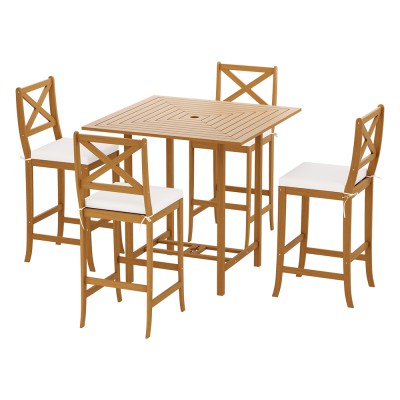 Gardeon 5-Piece Acacia Wood Outdoor Bar Set with Cushions, Parasol Hole, Seats 4 - Perfect for Patio or Indoor Use