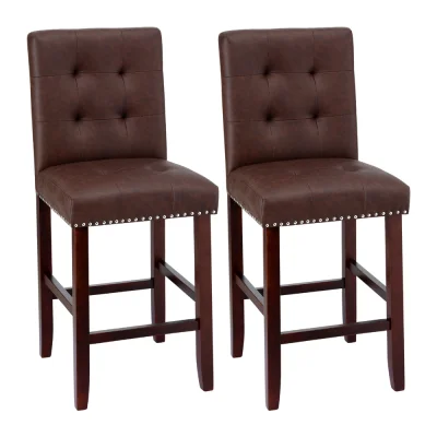 Artiss Ada Brown 2x Bar Stools: PU Leather, High Backrest, Rubber Wood Frame, 67cm Seat Height, 120kg Capacity, Set of 2