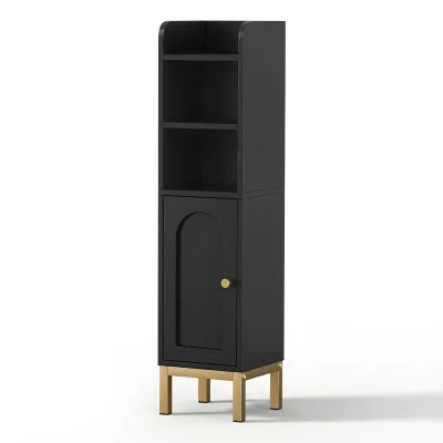 Artiss Black Bathroom Storage Cabinet - Slim 20x20x84cm, 5-Tier Organiser with Adjustable Shelf, Arched Door, Gold Legs
