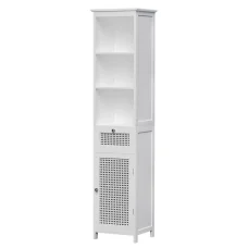 Artiss 161cm White Rattan Bathroom Cabinet - MDF Storage Tallboy with 3 Shelves, Drawer & Ventilated Doors
