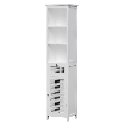 Artiss 161cm White Rattan Bathroom Cabinet - MDF Storage Tallboy with 3 Shelves, Drawer & Ventilated Doors