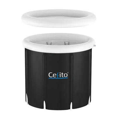 Weisshorn Portable Ice Bath Tub 80x80cm Inflatable Folding Spa, 300L, 3-Layer Insulation, Drain Tap, Cover, Black