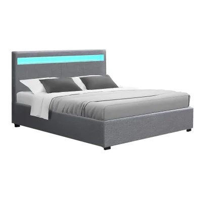 Artiss Cole Double Size Bed Frame with Gas Lift Storage, LED Lighting, Faux Linen Upholstery in Grey, Easy Assembly
