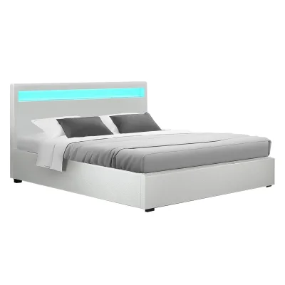 Artiss Queen Bed Frame White, LED Lights, Gas Lift Storage, PVC Leather, High-Density Foam, Steel/Wood Construction