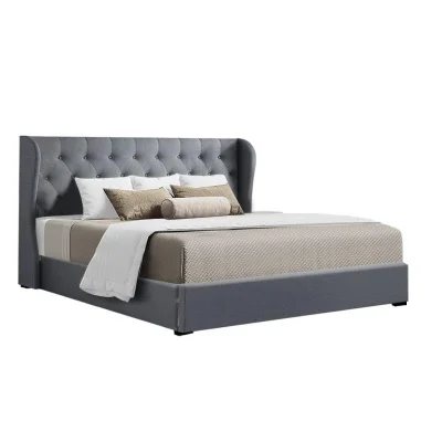 Artiss King Size Bed Frame Gas Lift Storage Grey Faux Linen, Tufted Headboard, Sturdy Wooden Slats, Easy Assembly