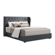 Artiss Queen Size Gas Lift Bed Frame in Charcoal - Faux Linen, Tufted Headboard, Storage, Steel Frame, Easy Assembly