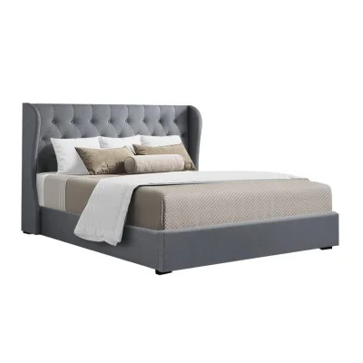 Artiss Queen Size Bed Frame with Gas Lift Storage, Grey Faux Linen, Tufted Headboard, High Density Foam Padding