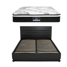 Artiss RGB LED Queen Bed Frame & 32cm Giselle Mattress Set - PVC Leather, Orthopaedic Support, Smart Lighting