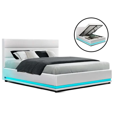 Artiss Double Size Bed Frame with LED Lights & Gas Lift Storage, White PVC Leather, High-Density Foam Padding