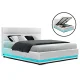 Artiss Double Size Bed Frame with LED Lights & Gas Lift Storage, White PVC Leather, High-Density Foam Padding