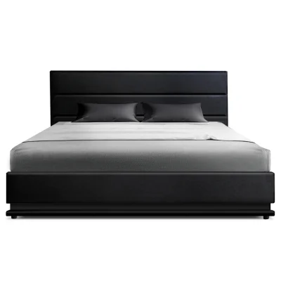 Artiss King Size Bed Frame Black PVC Leather Gas Lift Storage with LED Headboard 16 Colours LUMI
