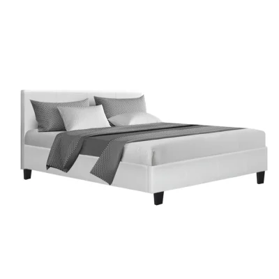 Artiss Neo Double Bed Frame in White - Modern PVC Leather Upholstery with Sturdy Wood & Metal Design