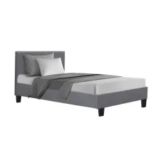 Artiss Neo King Single Bed Frame, Grey - Modern Faux Linen, Padded Headboard, Sturdy Wood & Metal Design