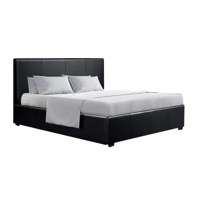 Artiss Nino Queen Bed Frame, Black PU Leather, Gas Lift Storage, Steel & Wood Construction, Easy Assembly, 215x160x87cm
