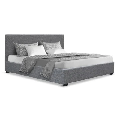Artiss Nino Queen Size Gas Lift Bed Frame, Grey - Faux Linen Upholstery, Storage, Steel Frame, Padded Headboard