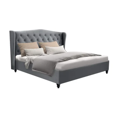 Artiss Pier Double Bed Frame Grey French Provincial Linen Upholstered, Tufted Headboard, Sturdy Steel, 1-Year Warranty
