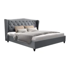 Artiss King Size Pier Bed Frame, Grey - French Provincial Style, Tufted Wing Headboard, Steel & Wood Construction